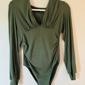 Cider Green Bodysuit with Long Sleeves and V-Neck